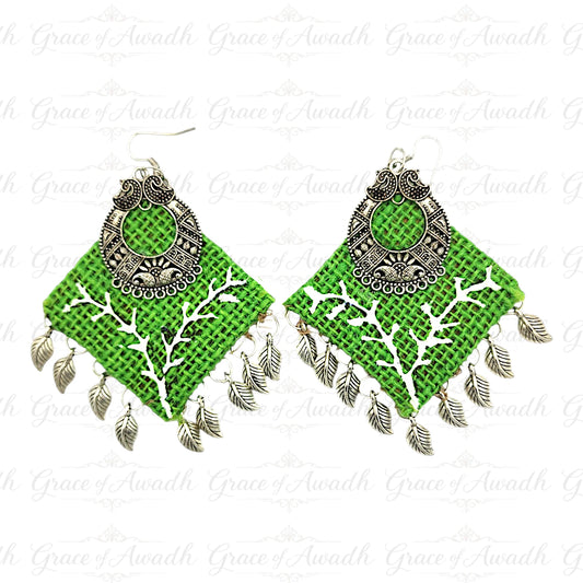 Hariyali-e-Mehfil | Green Tribal Leaf Drop Earrings