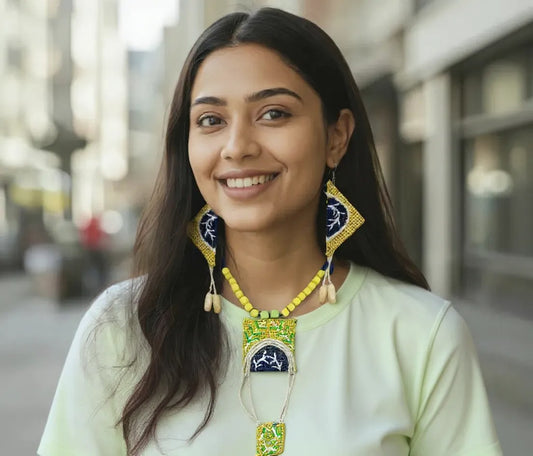 Noor-e-Baagh | Yellow & Blue Handcrafted Necklace Set with Earrings – Rustic Heritage Edit