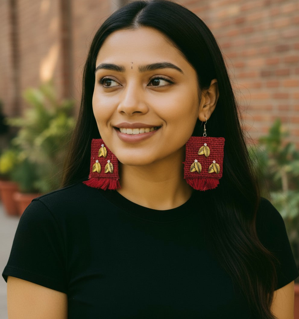Gulnaar-e-Mohabbat red handwoven fringe earrings with golden leaf charms – Grace of Awadh