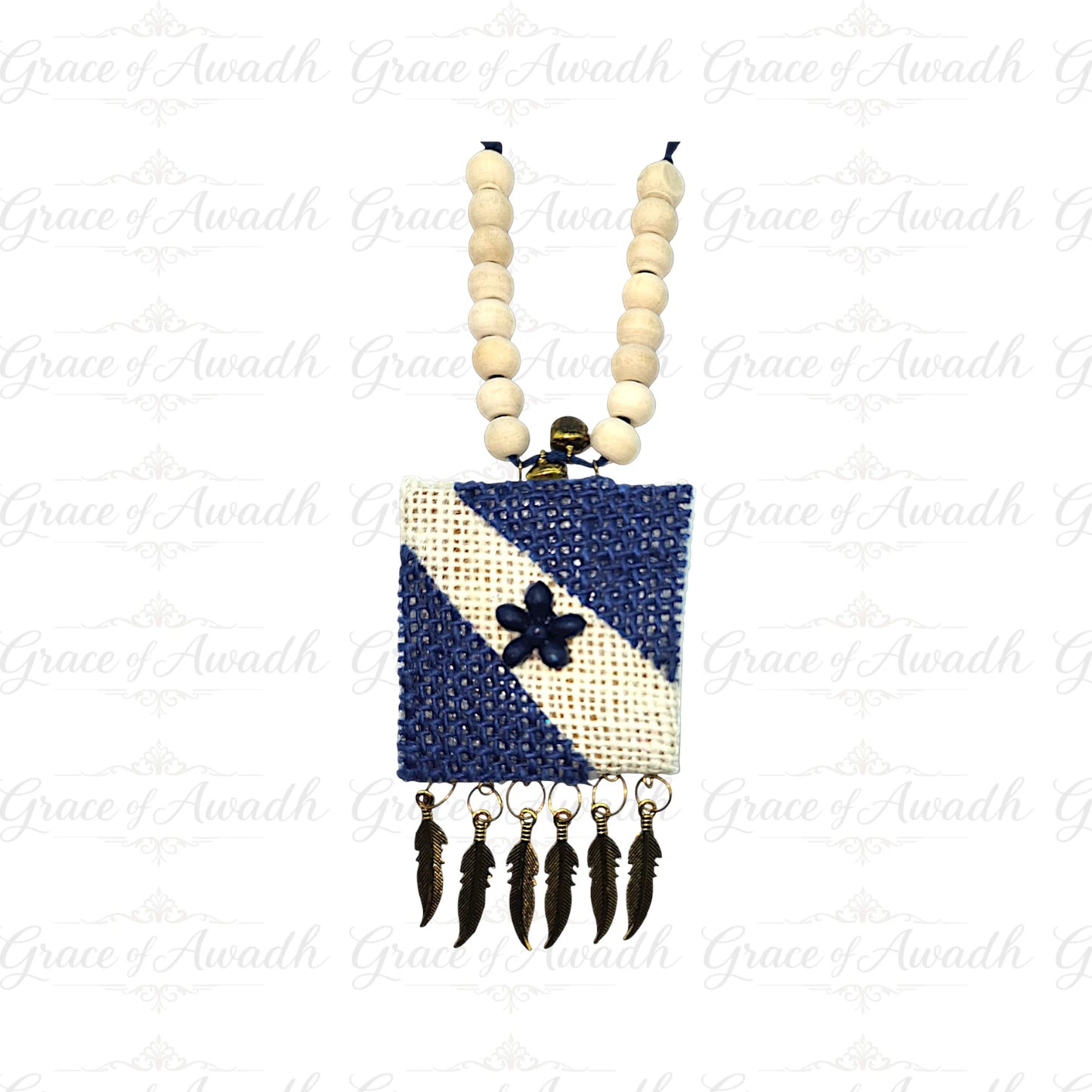 Neel-e-Noor handcrafted blue and ivory fabric pendant necklace with ivory beads and feather charms – Grace of Awadh