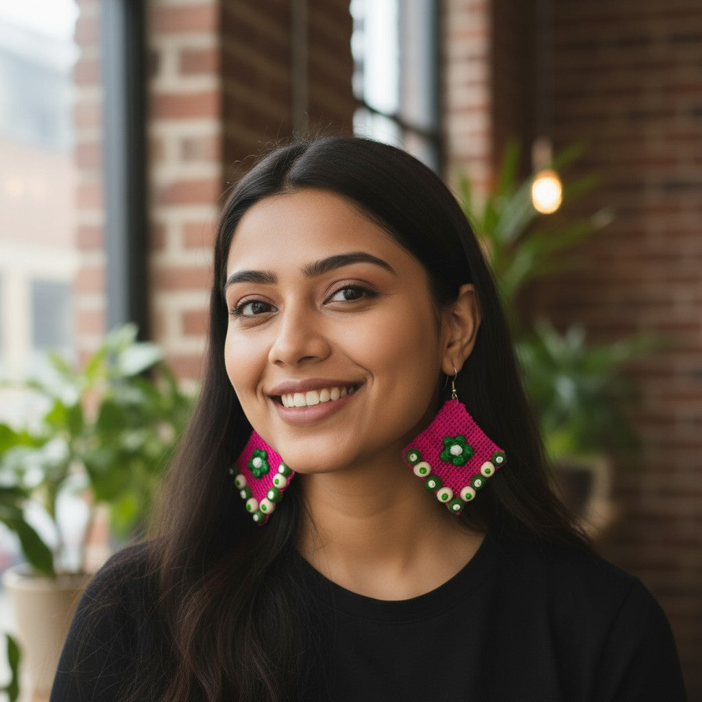 Woman wearing pink earrings with green accents in an outdoor setting Phool-e-Nazakat pink fabric earrings with green floral appliqué and beaded border – Grace of Awadh