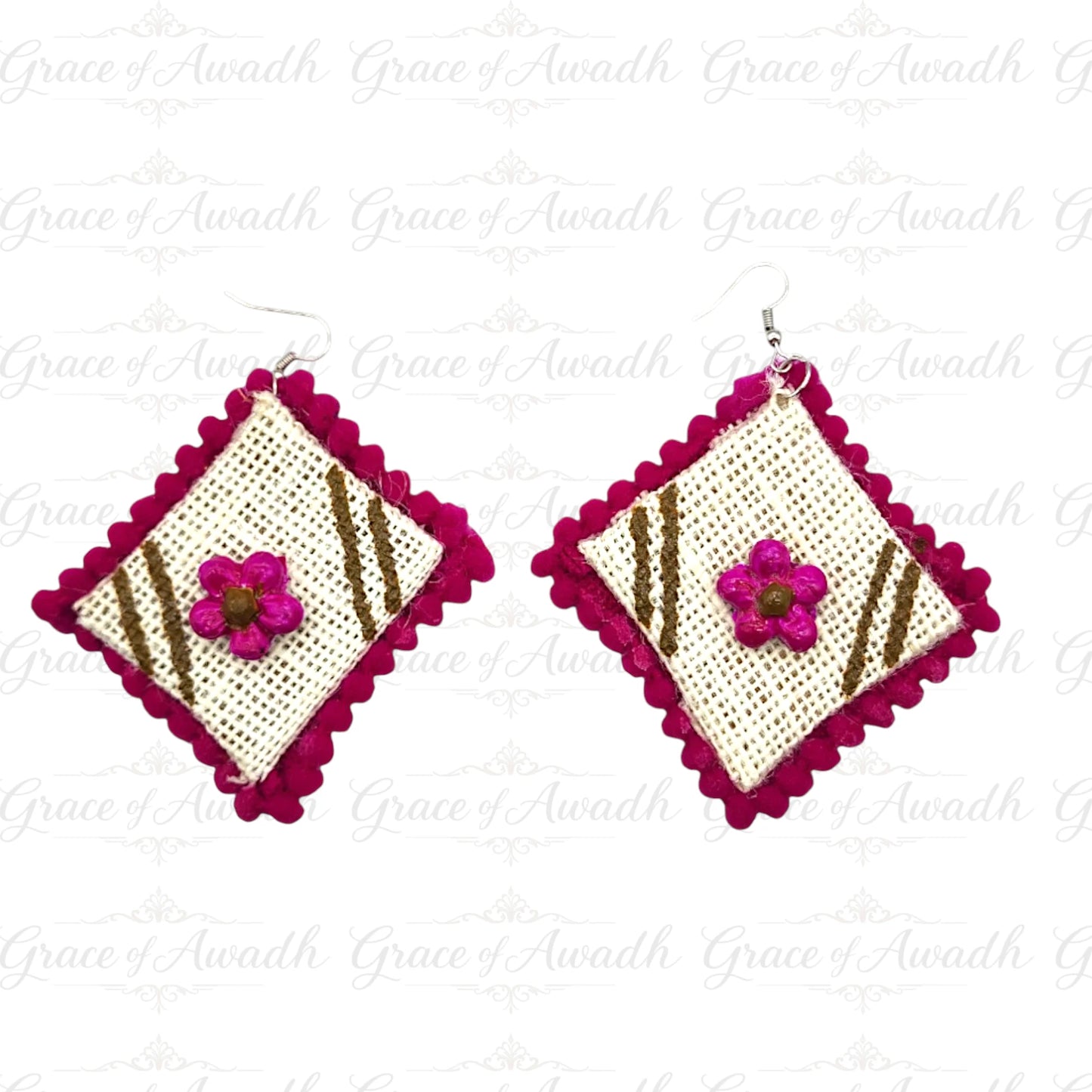 Pair of earrings with pink floral design on a white background, Phool-e-Nazakat white fabric earrings with pink floral appliqué and fuchsia border – Grace of Awadh
