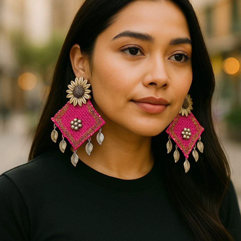 Woman wearing pink and gold earrings with a blurred background,
Rangrez-e-Jashn pink glitter sunflower earrings with silver leaf drops – Grace of Awadh