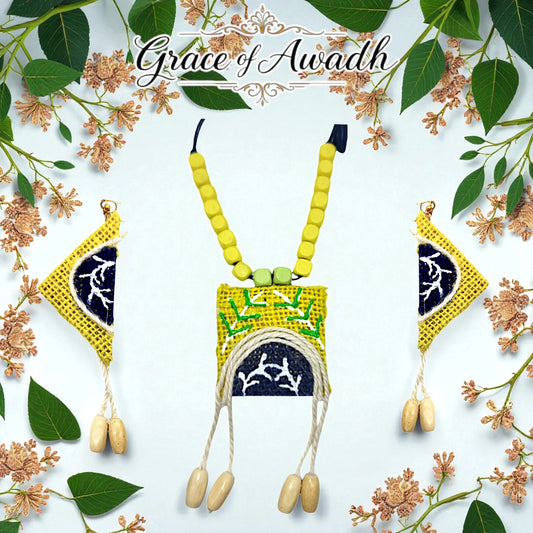 Noor-e-Baagh | Yellow & Blue Handcrafted Necklace Set with Earrings – Rustic Heritage Edit