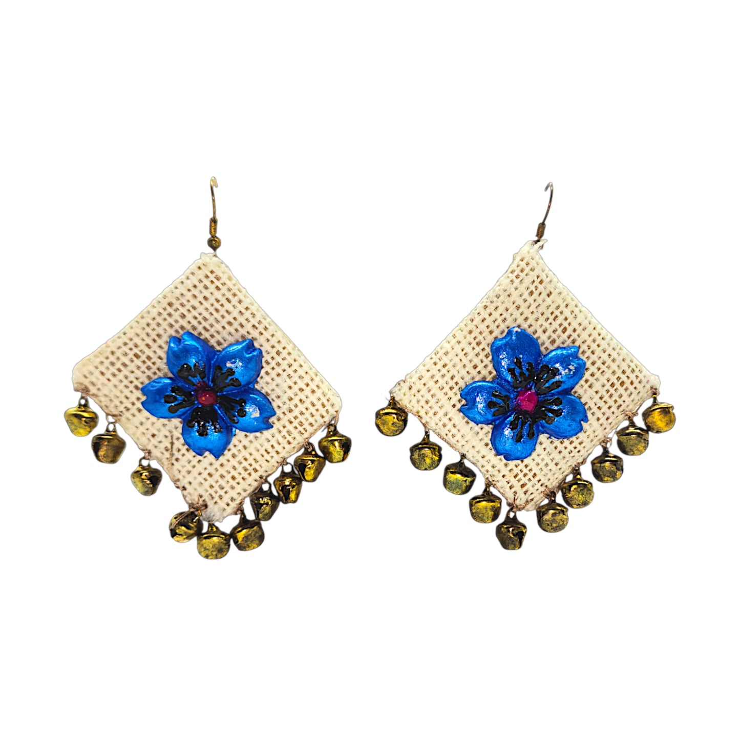 Neelam-e-Jharokha | Blue Floral Handcrafted Fabric Earrings with Bell Charms
