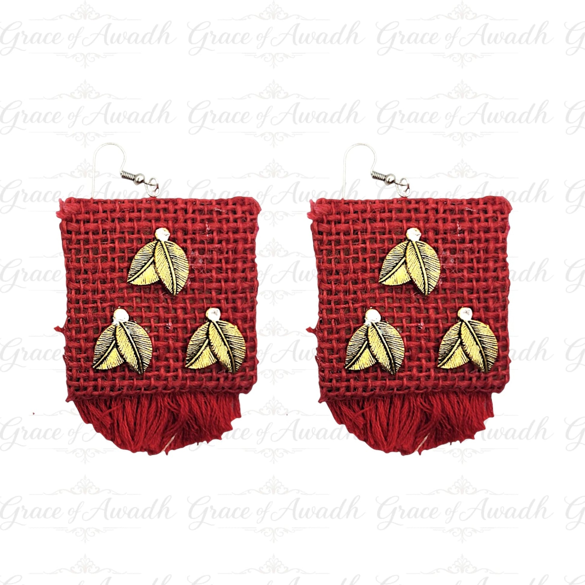Gulnaar-e-Mohabbat red handwoven fringe earrings with golden leaf charms – Grace of Awadh