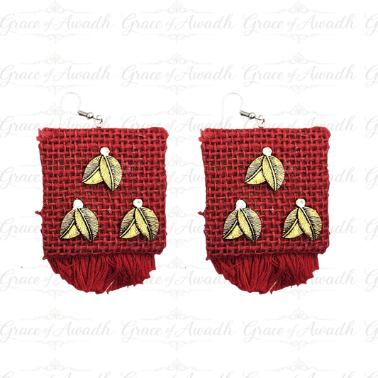 Gulnaar-e-Mohabbat red handwoven fringe earrings with golden leaf charms – Grace of Awadh