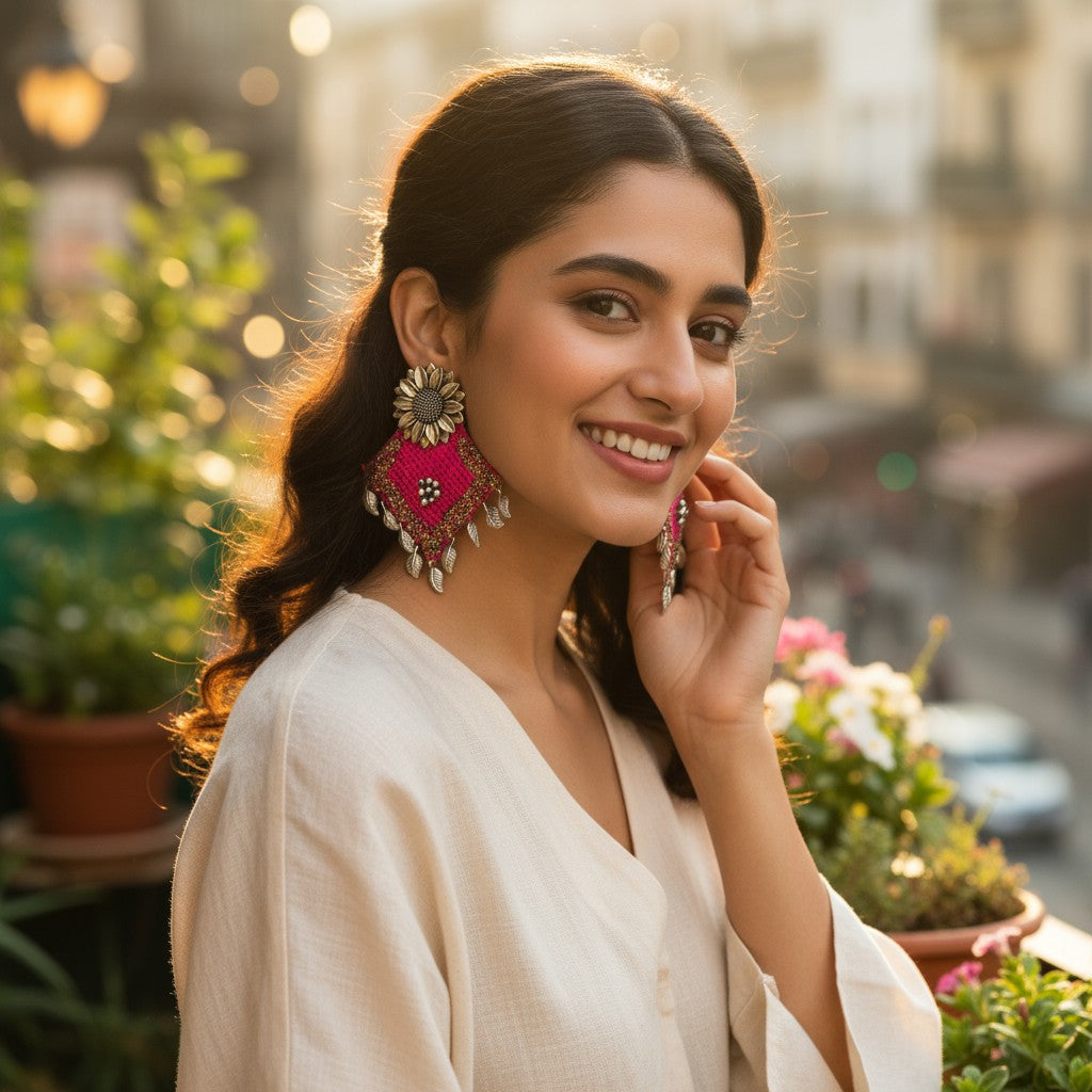 Rangrez-e-Jashn | Pink Glitter Sunflower Statement Earrings