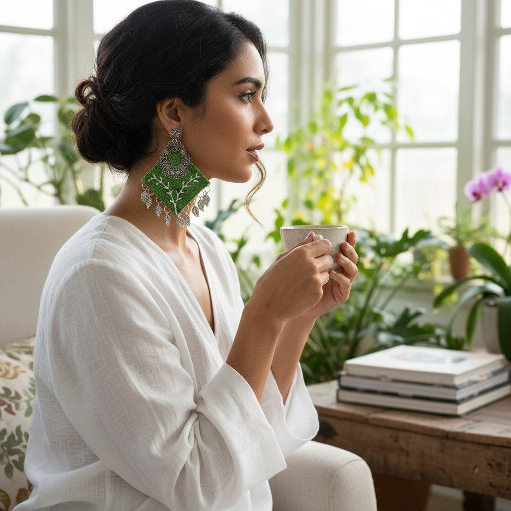 Hariyali-e-Mehfil | Green Tribal Leaf Drop Earrings