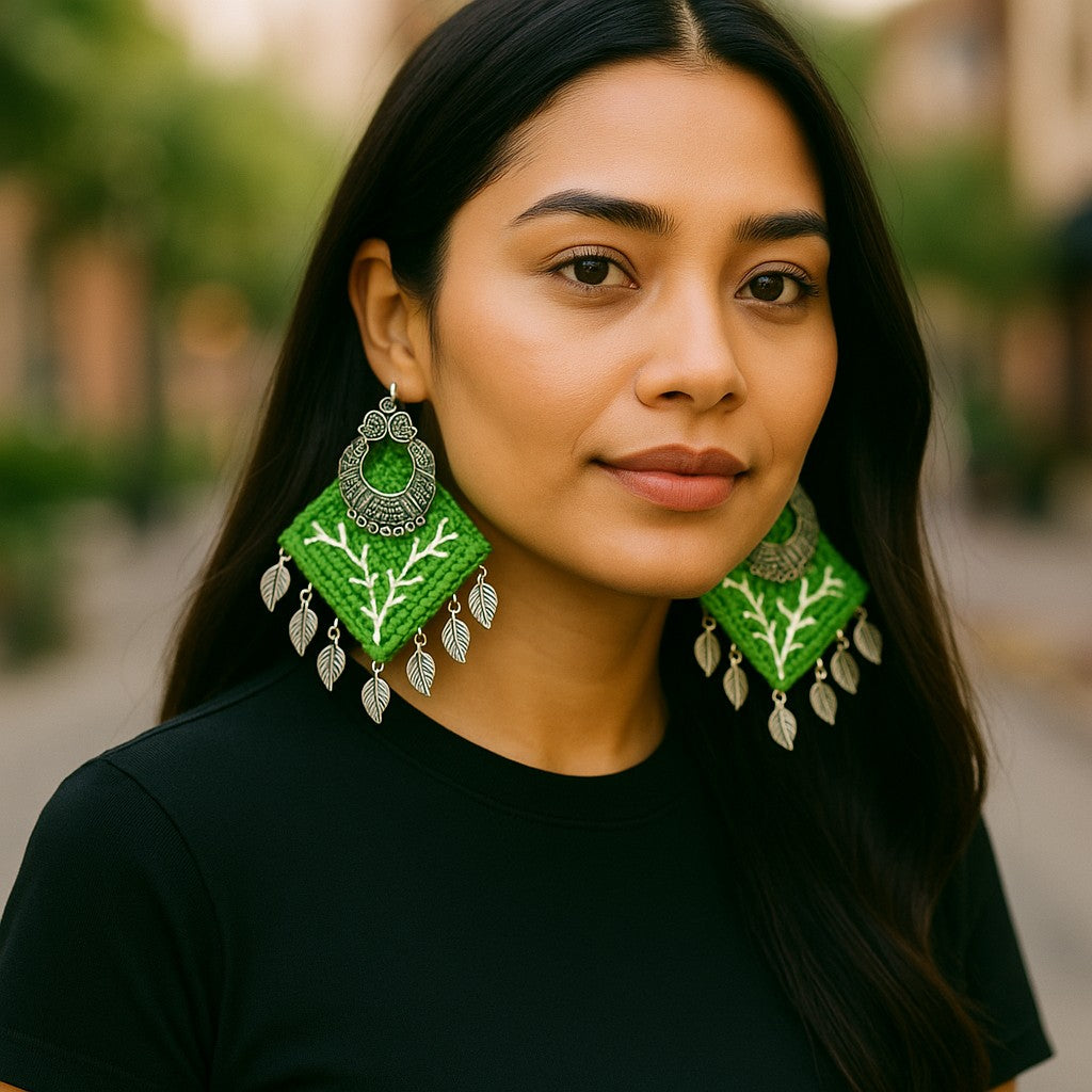 Hariyali-e-Mehfil | Green Tribal Leaf Drop Earrings