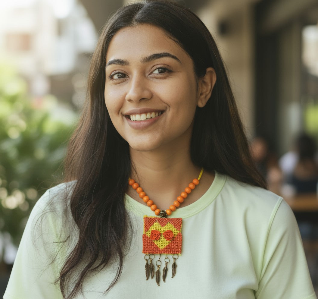 Woman wearing a colorful necklace with a blurred outdoor background Suraj-e-Nazakat handcrafted orange and yellow pendant necklace with beads, floral fabric work, and feather charms – Grace of Awadh