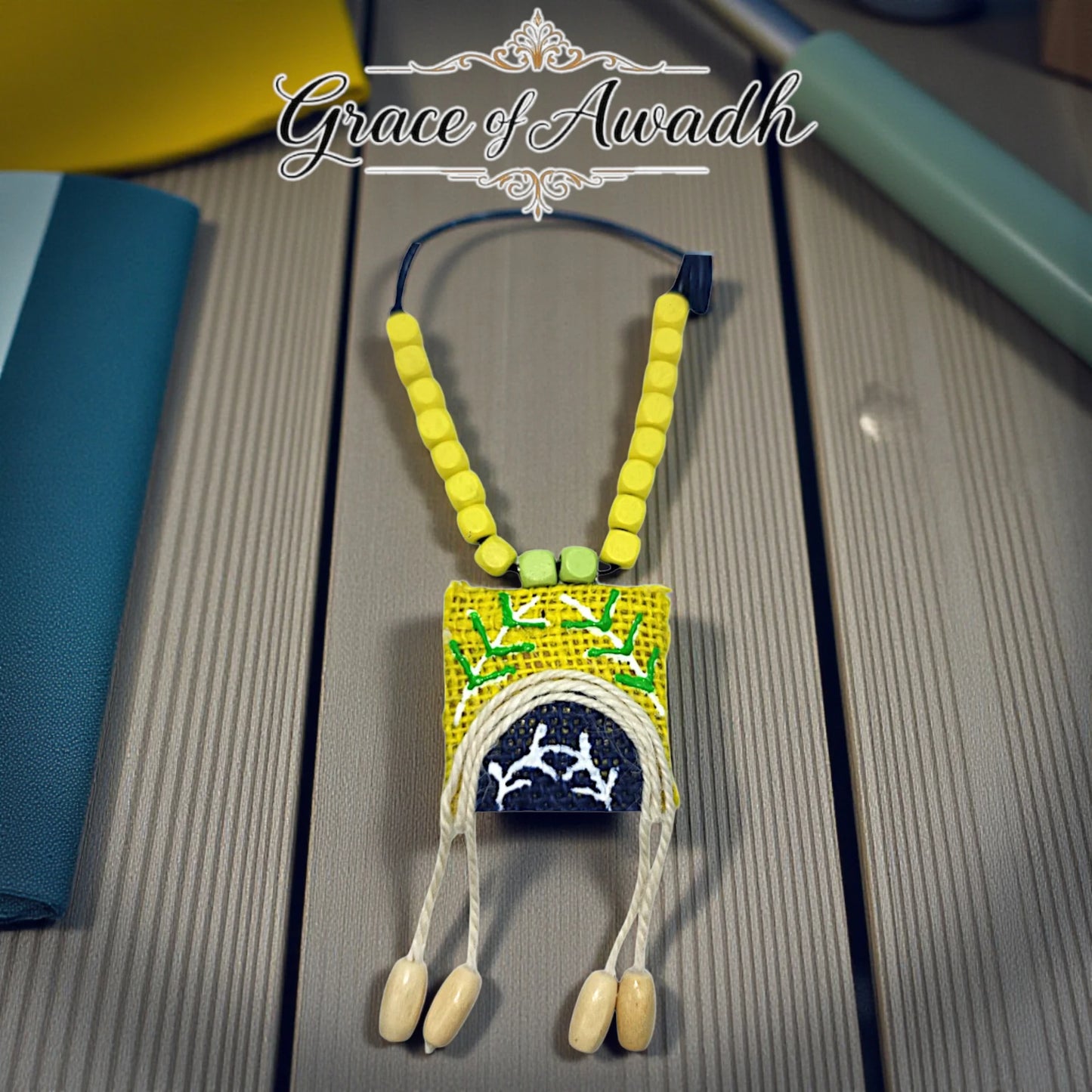 Noor-e-Baagh | Yellow & Blue Handcrafted Necklace Set with Earrings – Rustic Heritage Edit