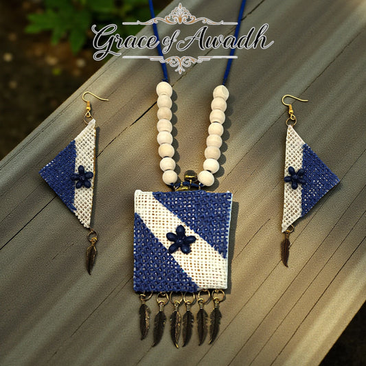 Neel-e-Noor | Blue & Ivory Handcrafted Necklace Set with Earrings – Boho Heritage Luxe  Description: