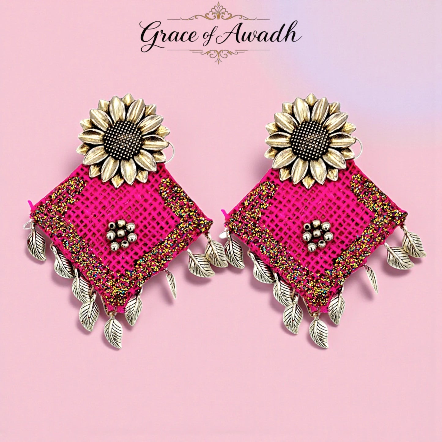 Rangrez-e-Jashn | Pink Glitter Sunflower Statement Earrings