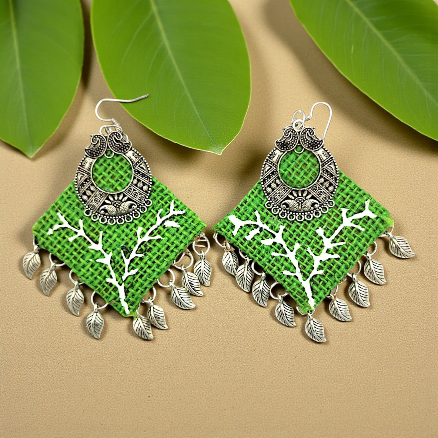 Hariyali-e-Mehfil | Green Tribal Leaf Drop Earrings