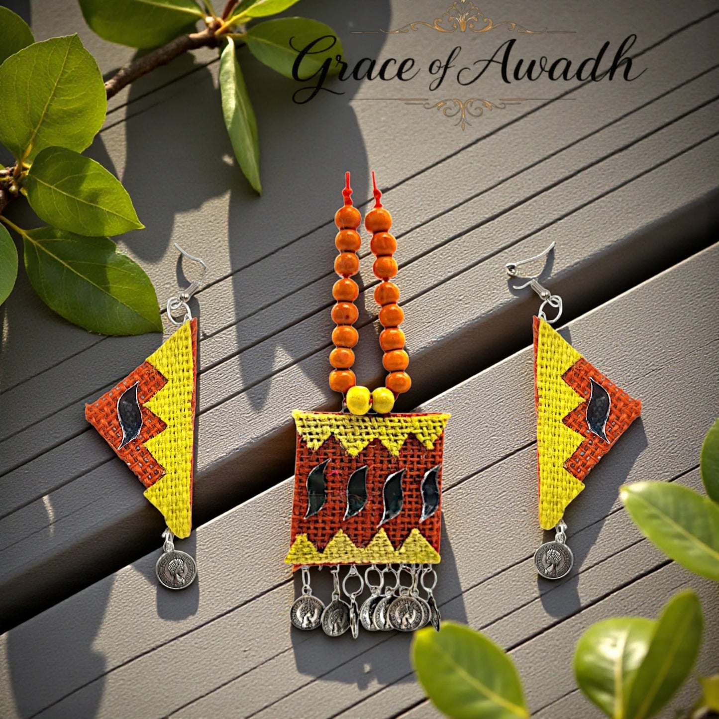 Surajmukhi-e-Jashn | Yellow & Orange Handcrafted Necklace Set with Earrings – Festive Coin Charm