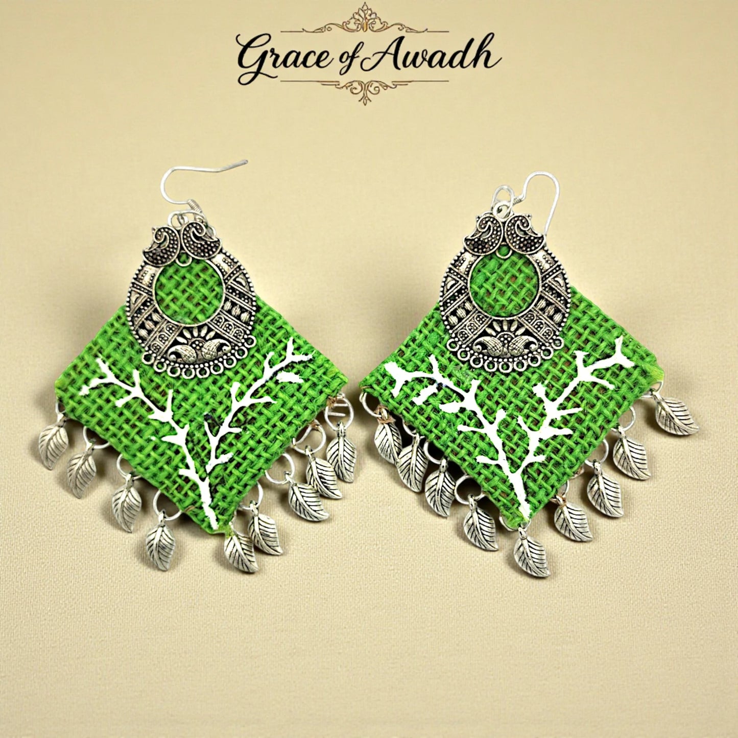 Hariyali-e-Mehfil | Green Tribal Leaf Drop Earrings