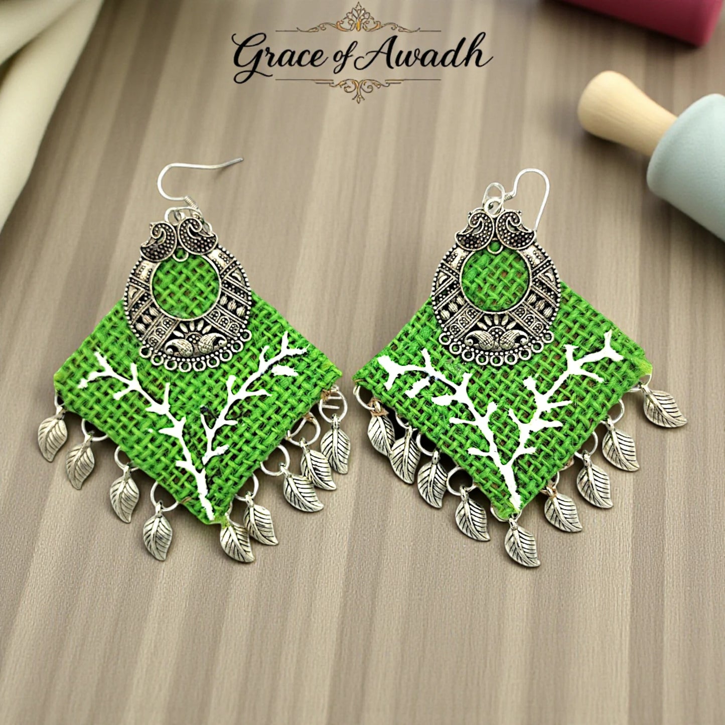 Hariyali-e-Mehfil | Green Tribal Leaf Drop Earrings