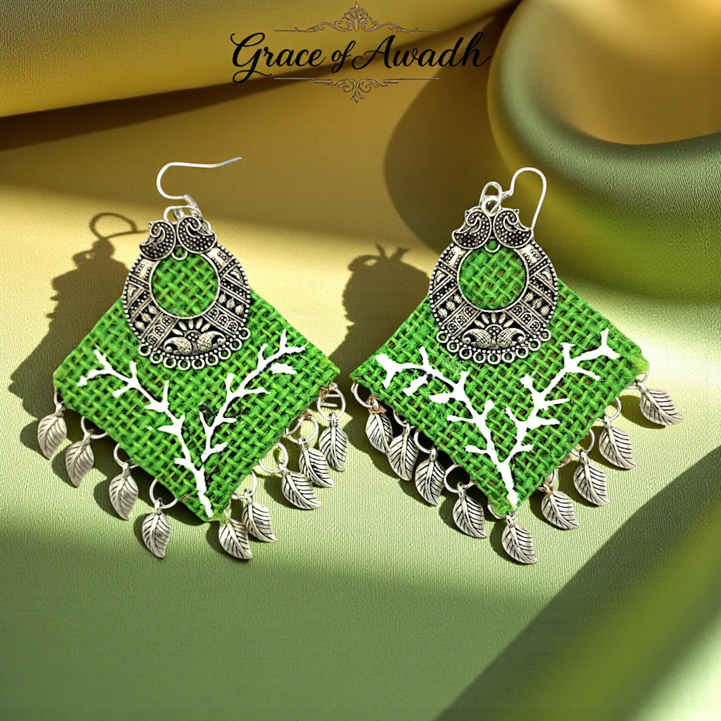 Hariyali-e-Mehfil | Green Tribal Leaf Drop Earrings